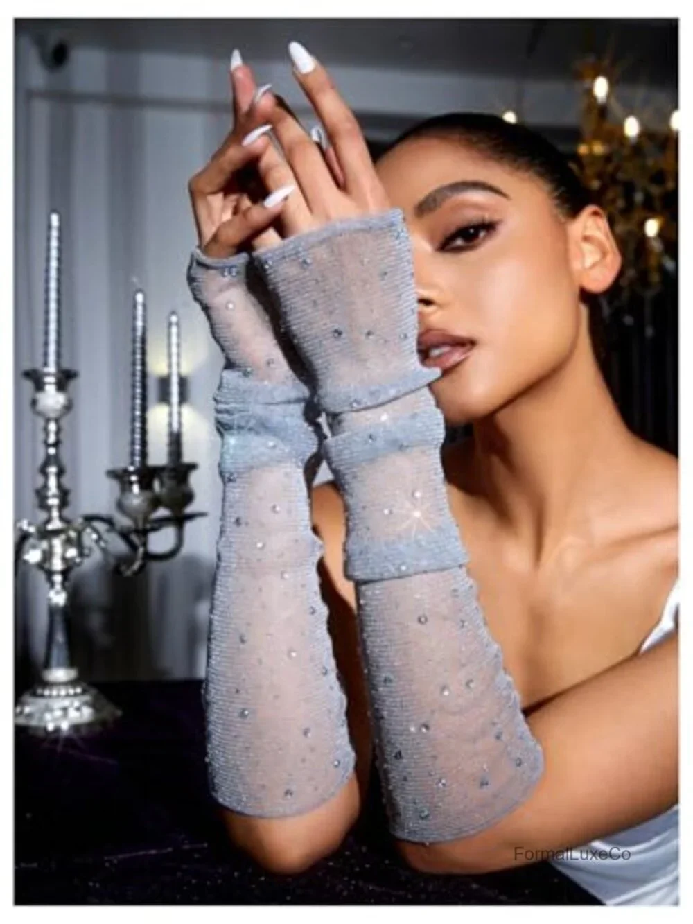 Rhinestone Sparkly Fingerless Gloves Wedding Arm Gloves Mesh Sheer